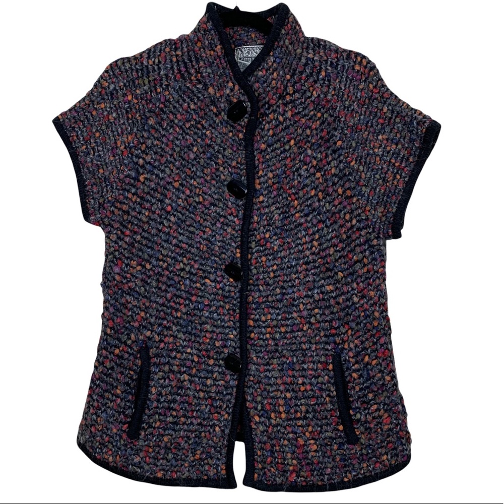 Curio Rainbow Textured Knit Mandarin Collar Short Sleeve Sweater Blouse Top L